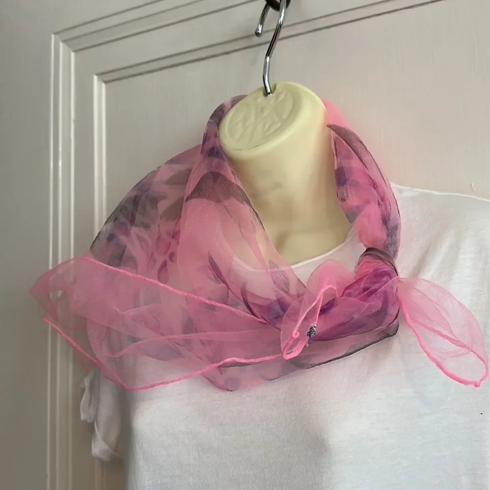Vintage S Kratish pink nylon semi sheer chiffon scarf with‎ floral design